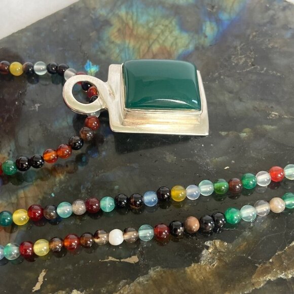 Sterling Silver 925 Multicolor Beaded Green Chrysoprase Pendant Necklace 18" - Picture 9 of 16